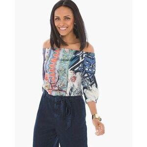 Chicos Floral Mix Off The‎ Shoulder Top Size 2 US Large Blue Green Womens Boho